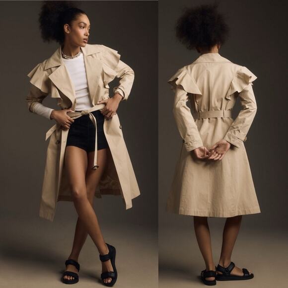 Anthropologie Ruffled Trench Coat Tan Khaki Midi - Picture 14 of 14